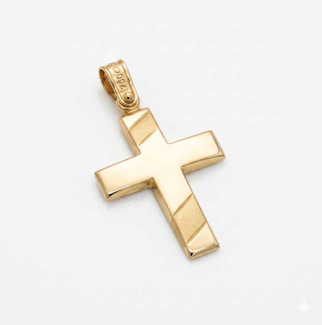 Men’s Diagonal Matte and Polished 14K Yellow Gold Cross Pendant