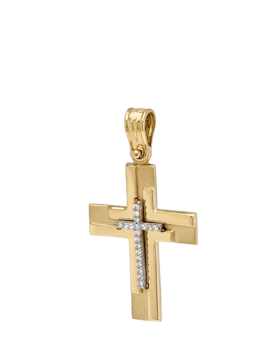 Elegant Two-Toned 14 Karat Gold Double-Sided Women's Cross Pendant with Baptism Scene