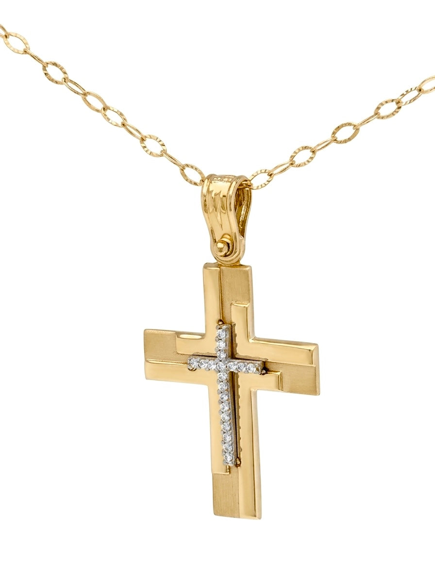 Elegant Two-Toned 14 Karat Gold Double-Sided Women's Cross Pendant with Delicate 9 Karat Gold Diamond-Cut Textured Link Chain Set