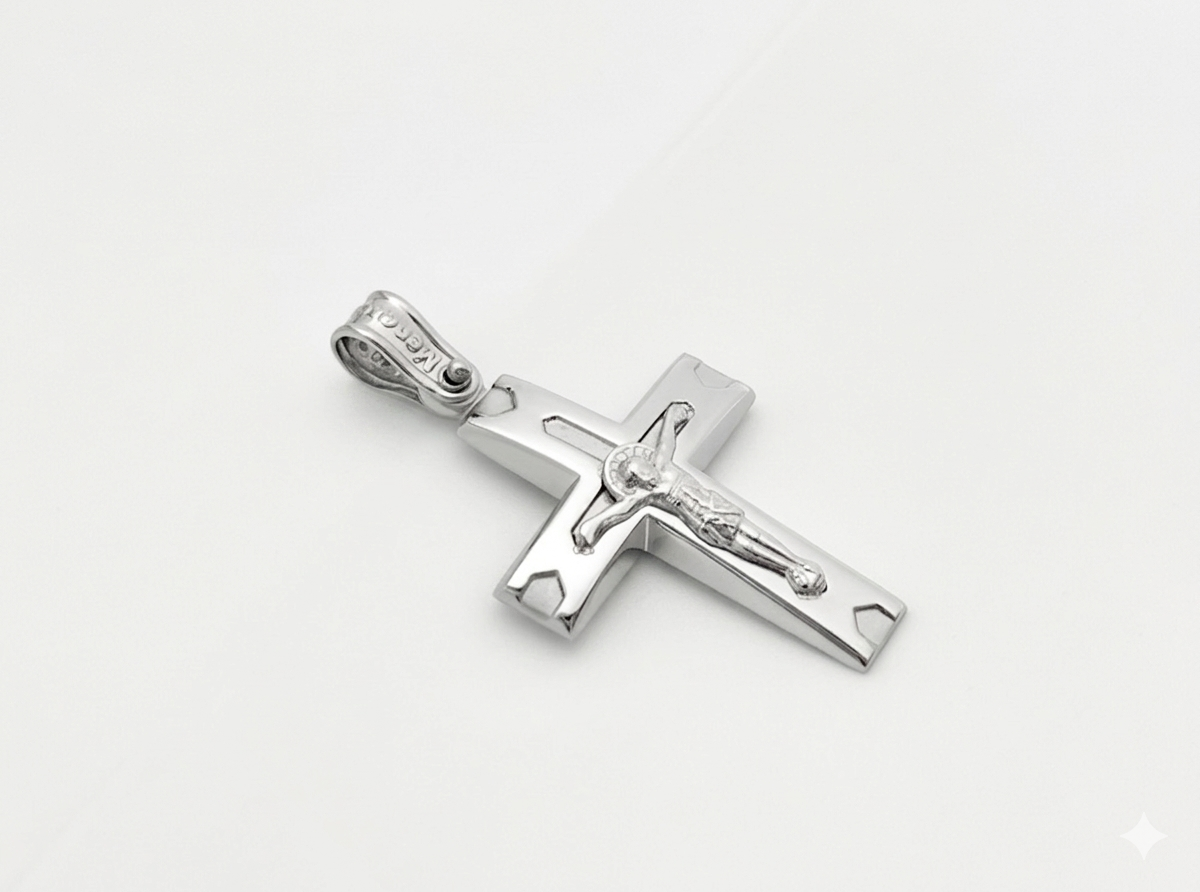 Elegant 14K White Gold Men's Crucifix Cross with Matte and Polished Finish