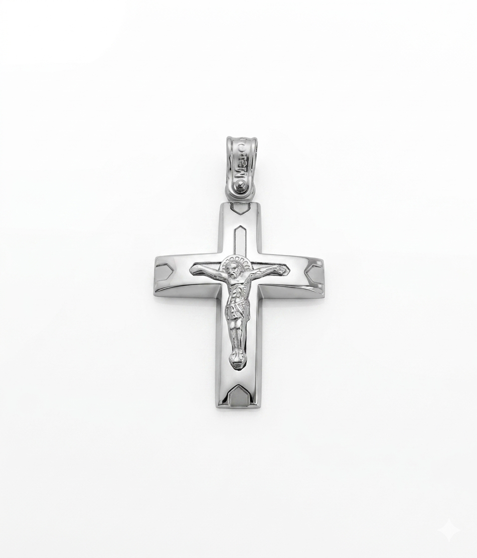Elegant 14K White Gold Men's Crucifix Cross with Matte and Polished Finish