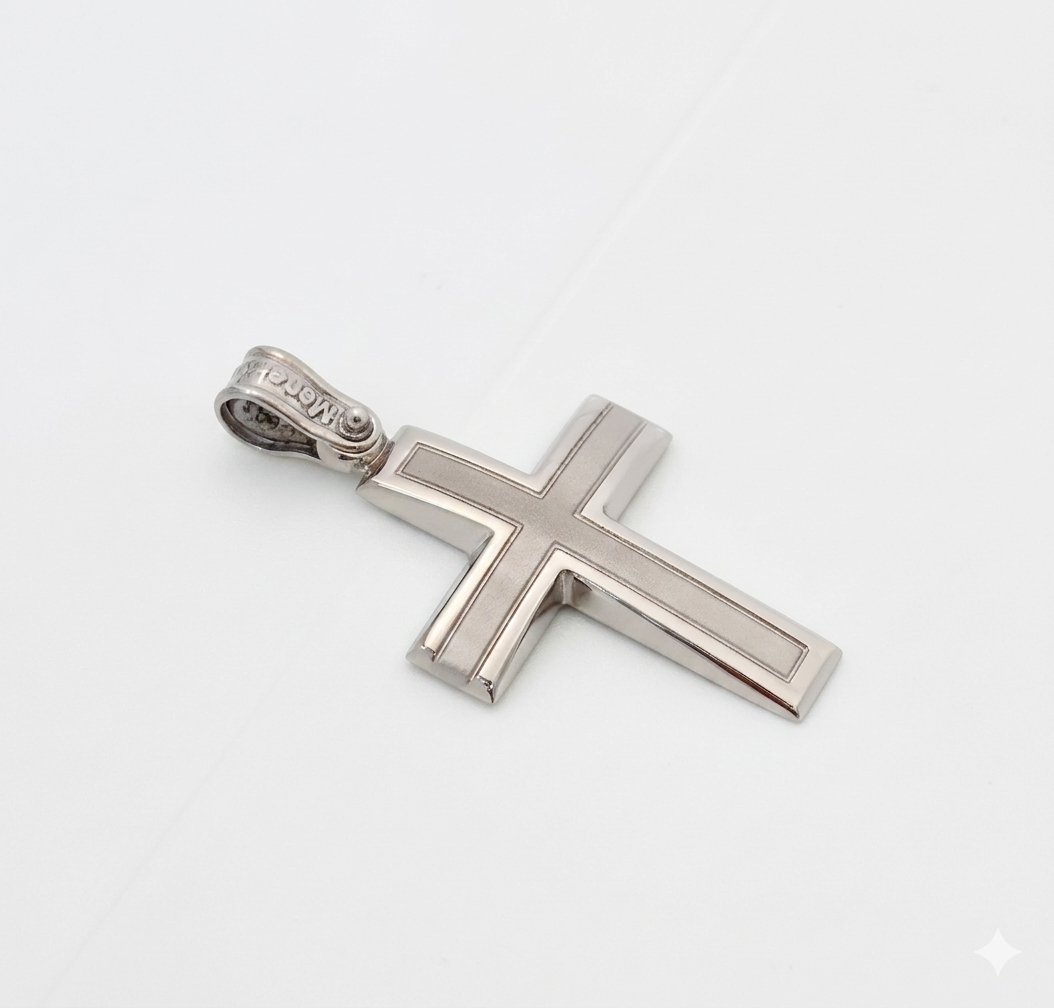 Minimalist 14K White Gold Men's Cross with Matte and Polished Finish