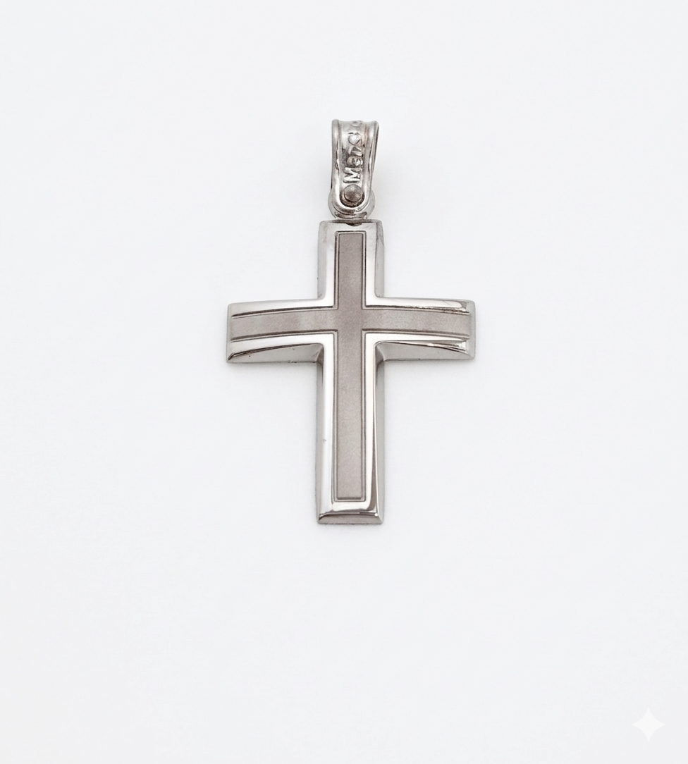 Minimalist 14K White Gold Men's Cross with Matte and Polished Finish