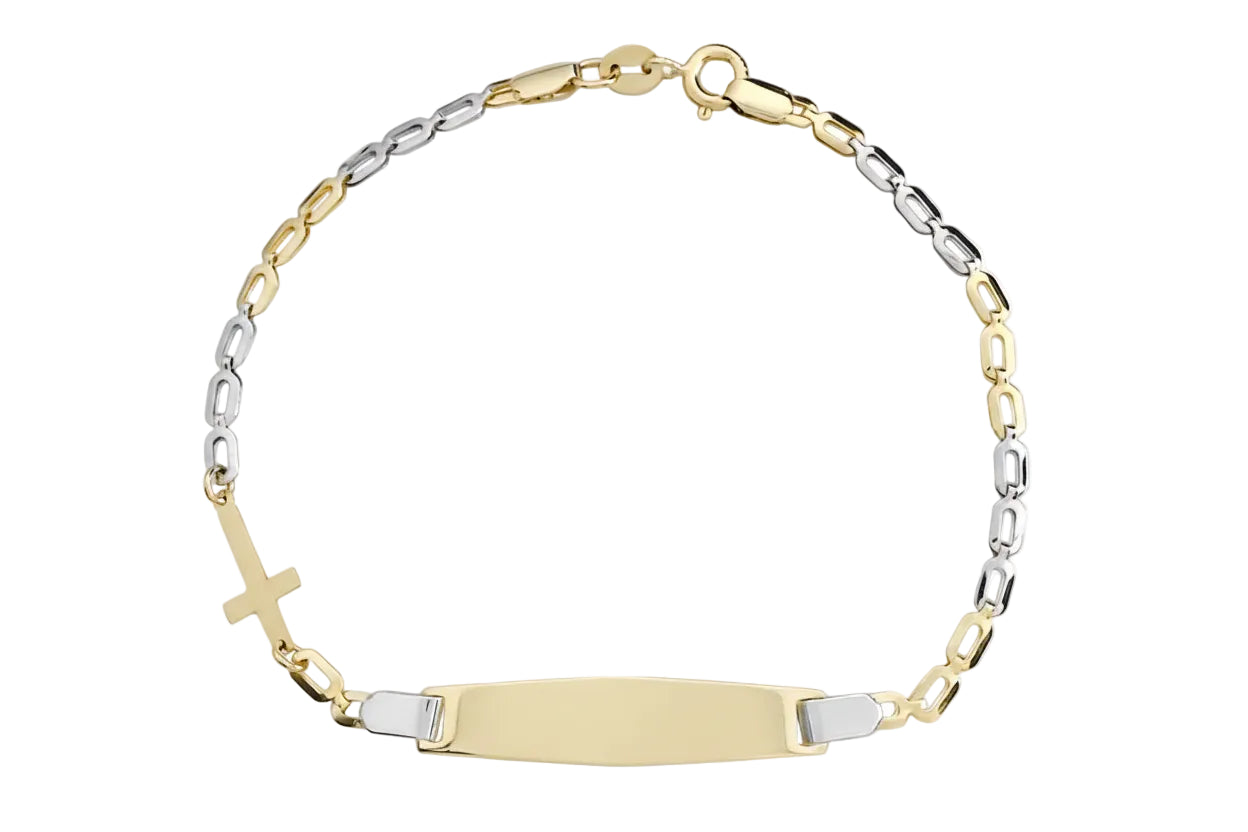 Two-Tone Gold Identity Bracelet with Polished Cross, 14K Gold