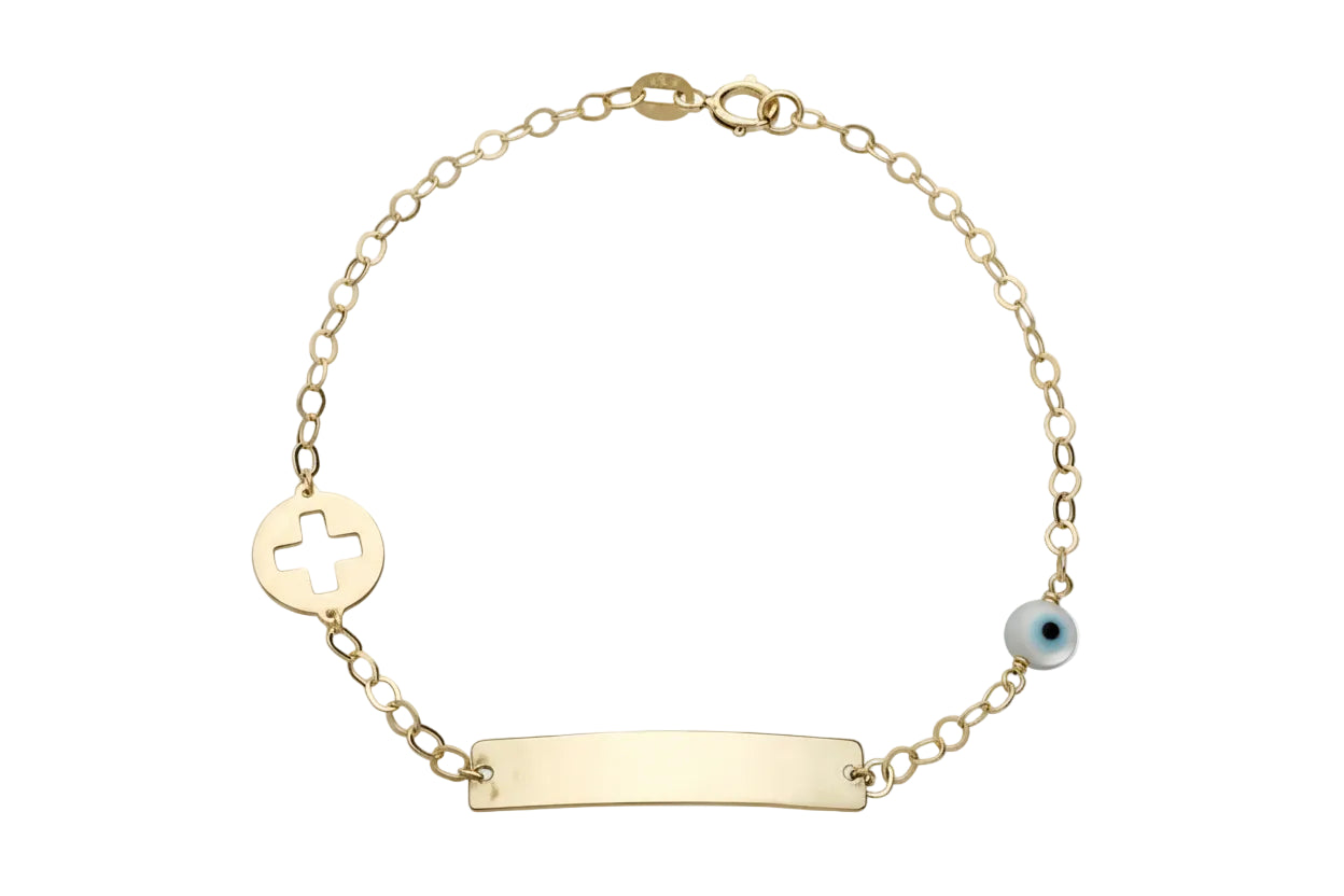 Gold Disc ID Bracelet with Cross and Mother-of-Pearl Evil Eye, 14K Gold