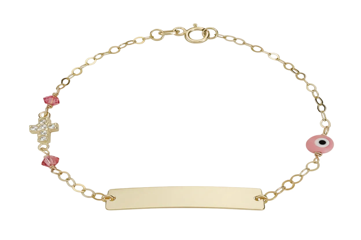 Gold ID Bracelet with Cross and Pink Evil Eye, 14K Gold
