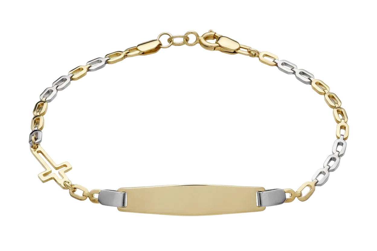 Two-Tone Gold Identity Bracelet with Open Cross, 14K Gold