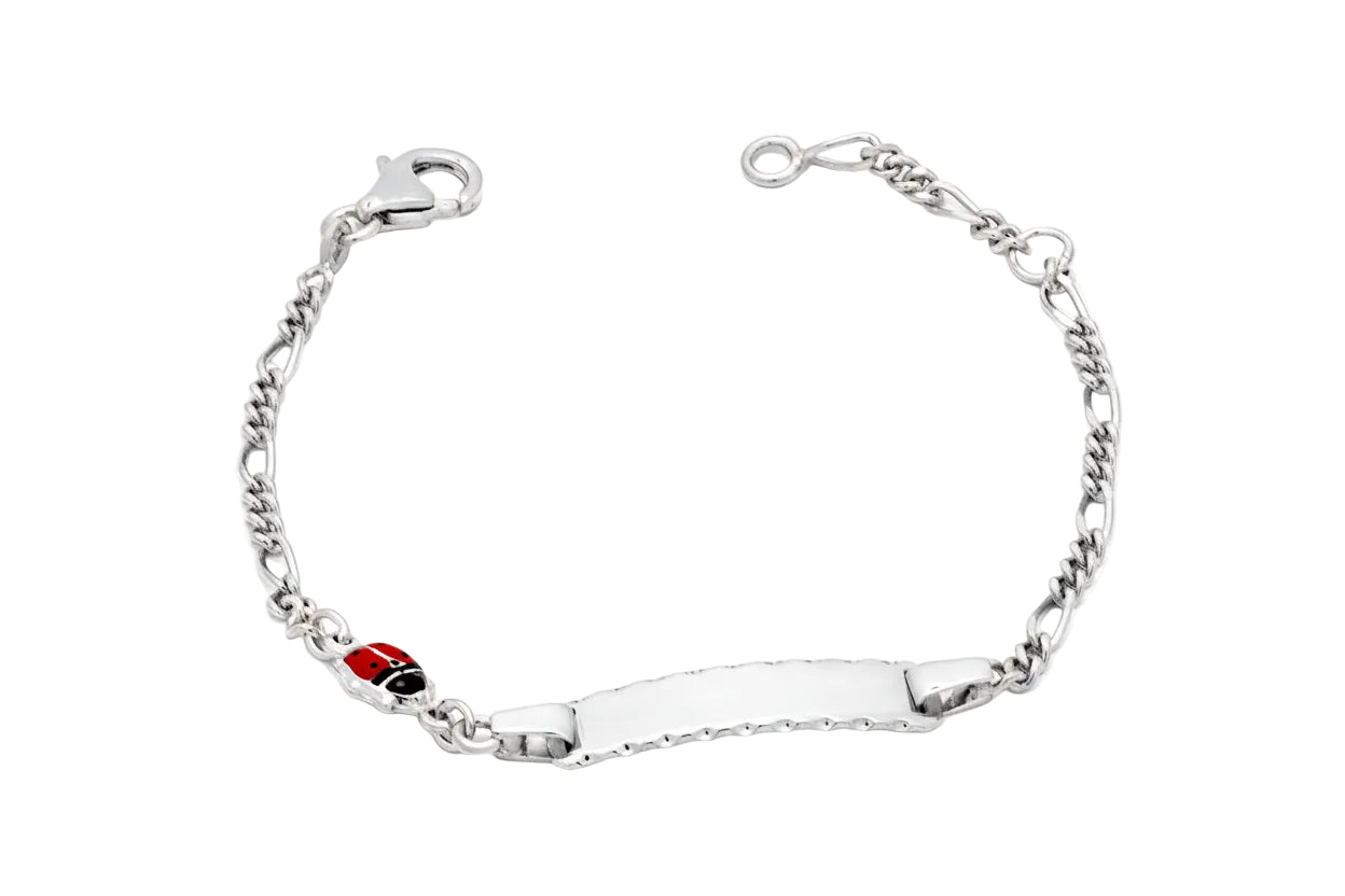 Children’s Silver Identity Bracelet with Ladybug and Red Enamel, 925 Sterling Silver