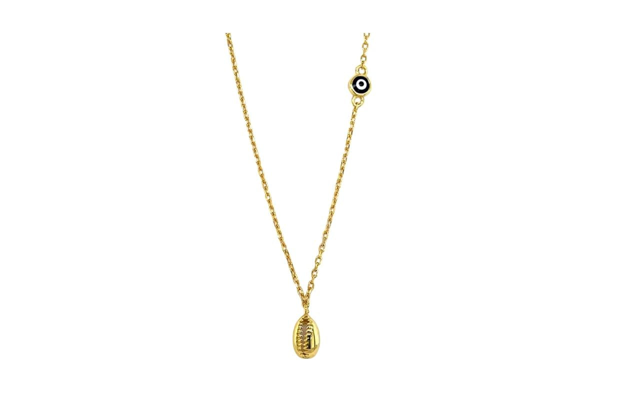 Women's Gold Plated 925 Sterling Silver Shell and Evil Eye Necklace