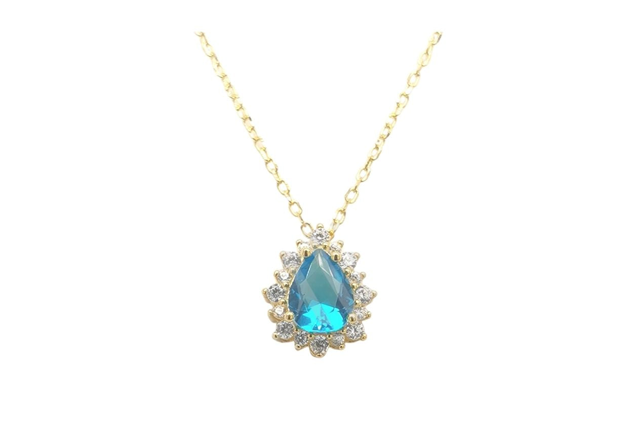 Women's Gold Plated 925 Sterling Silver Pear-Cut Turquoise Zirconia Necklace
