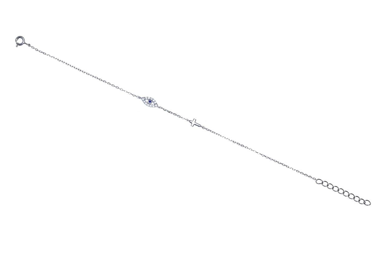 Women's 925 Sterling Silver Evil Eye and Cross Charm Bracelet