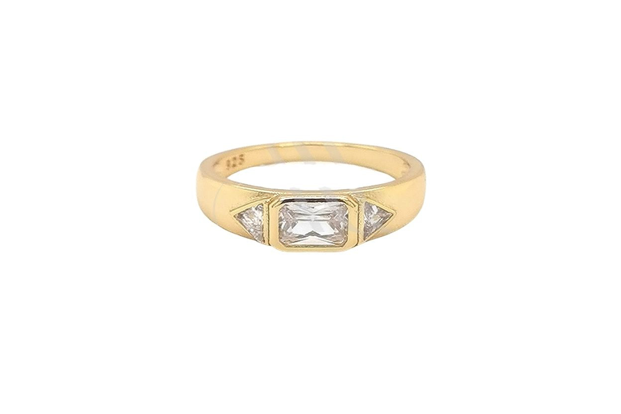Women's Gold Plated 925 Sterling Silver Ring with Emerald and Trillion Cut Stones