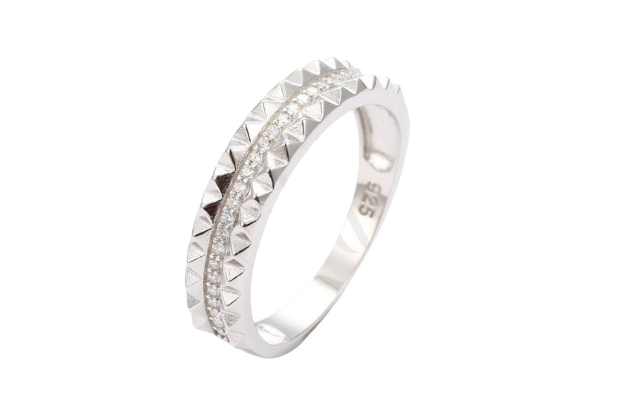 Women's 925 Sterling Silver Geometric Studded Ring with Sparkling Stones