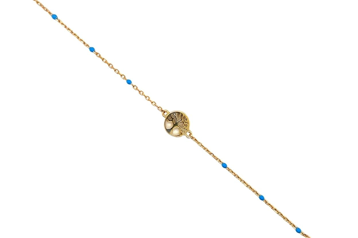 Girl's Gold Plated 925 Sterling Silver Tree of Life Bracelet with Blue Beads