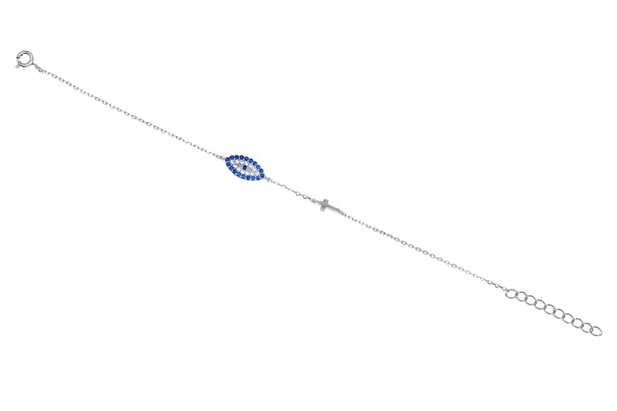 Girl's 925 Sterling Silver Evil Eye and Cross Charm Bracelet