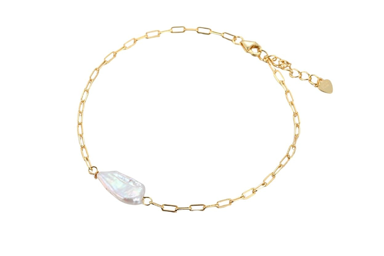 Women's Gold Plated 925 Sterling Silver Baroque Pearl Paperclip Bracelet
