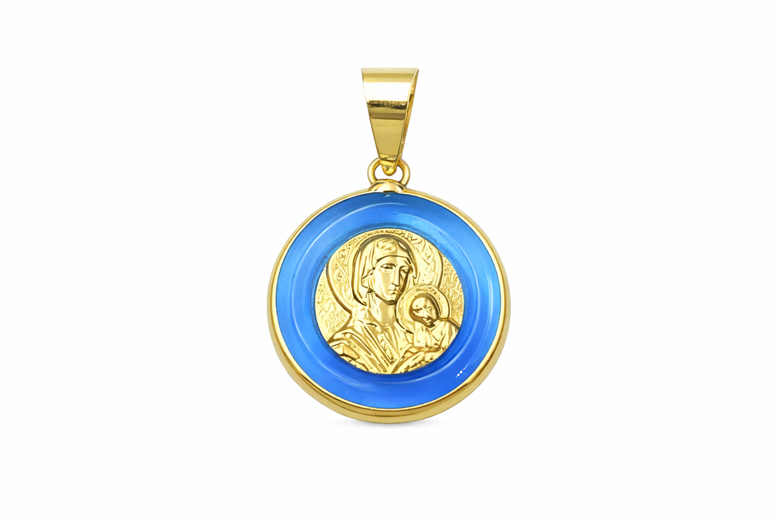 Hanging Gold Virgin Mary Pendant on Blue Crystal, 14K Gold