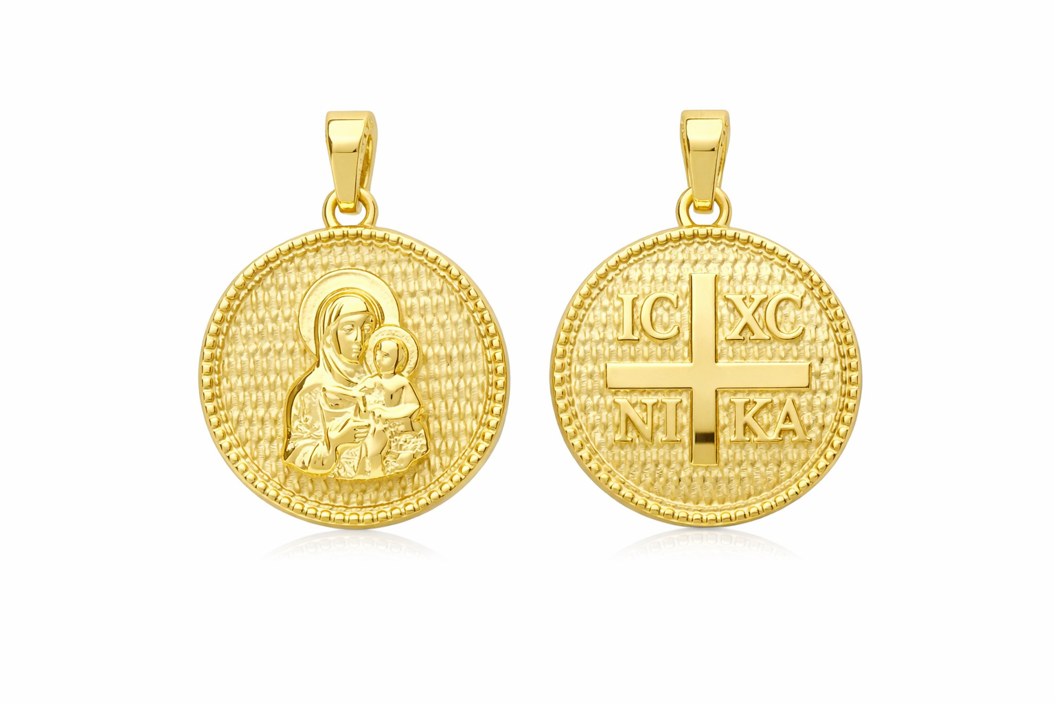 Double-Sided Round Konstantinato Amulet IC XC NI KA and Virgin Mary, 14K Gold