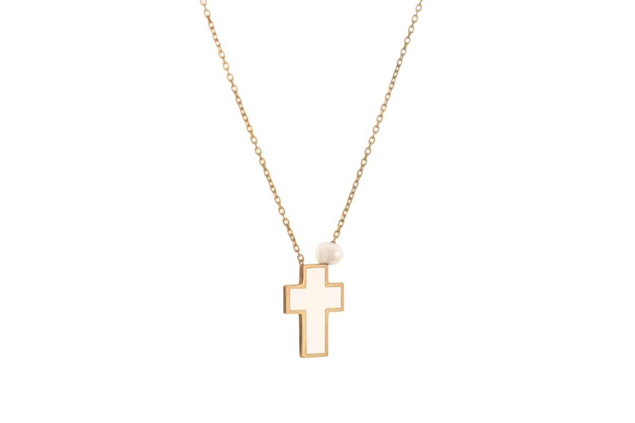 14K Gold Cross Necklace with White Enamel and Pearl