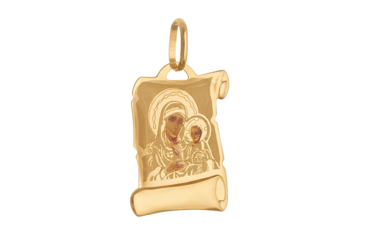 Gold Virgin Mary Papyrus Amulet with Enamel, 14K Gold