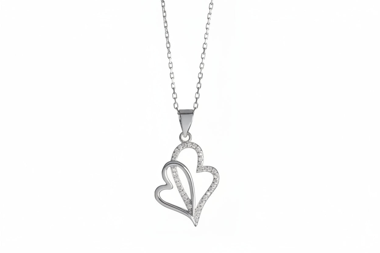 Silver Double Heart with White Zircon Stones, 925 Sterling Silver