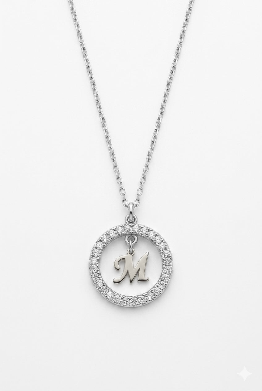 Women’s 925 Sterling Silver Initial Round Pendant Necklace, Available in any letter upon request