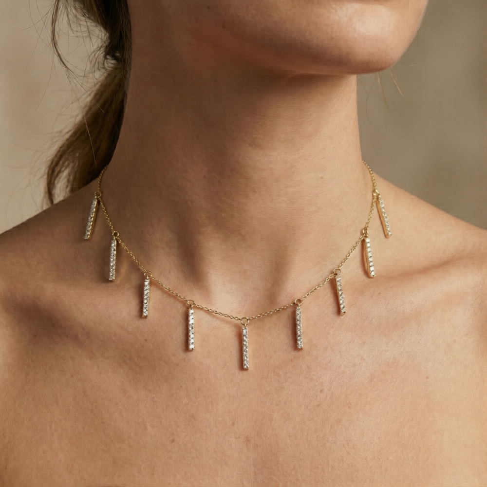 14K Gold Necklace with Hanging Bar Pendants and White Zircon Stones