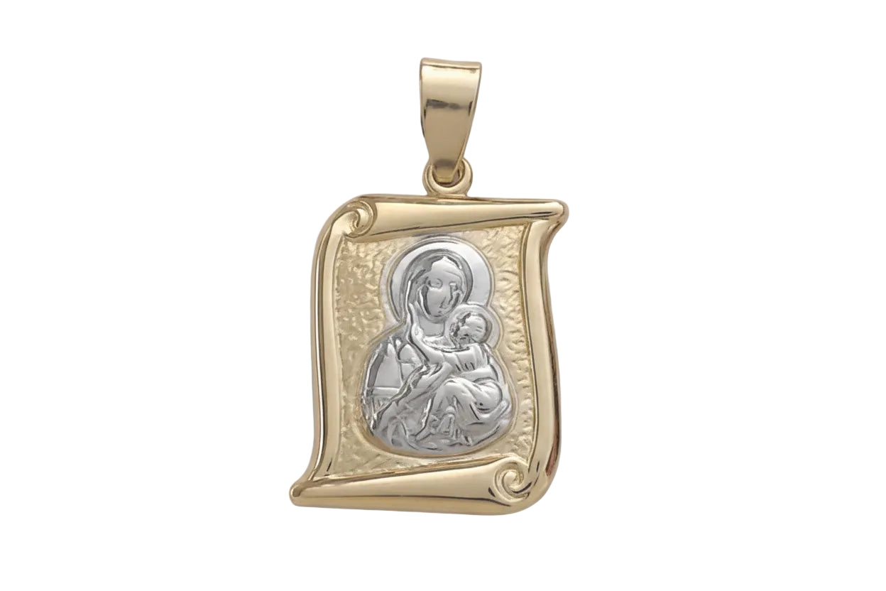 Konstantinato Talisman with Virgin Mary, Parchment-Style Textured Finish, 14K Gold
