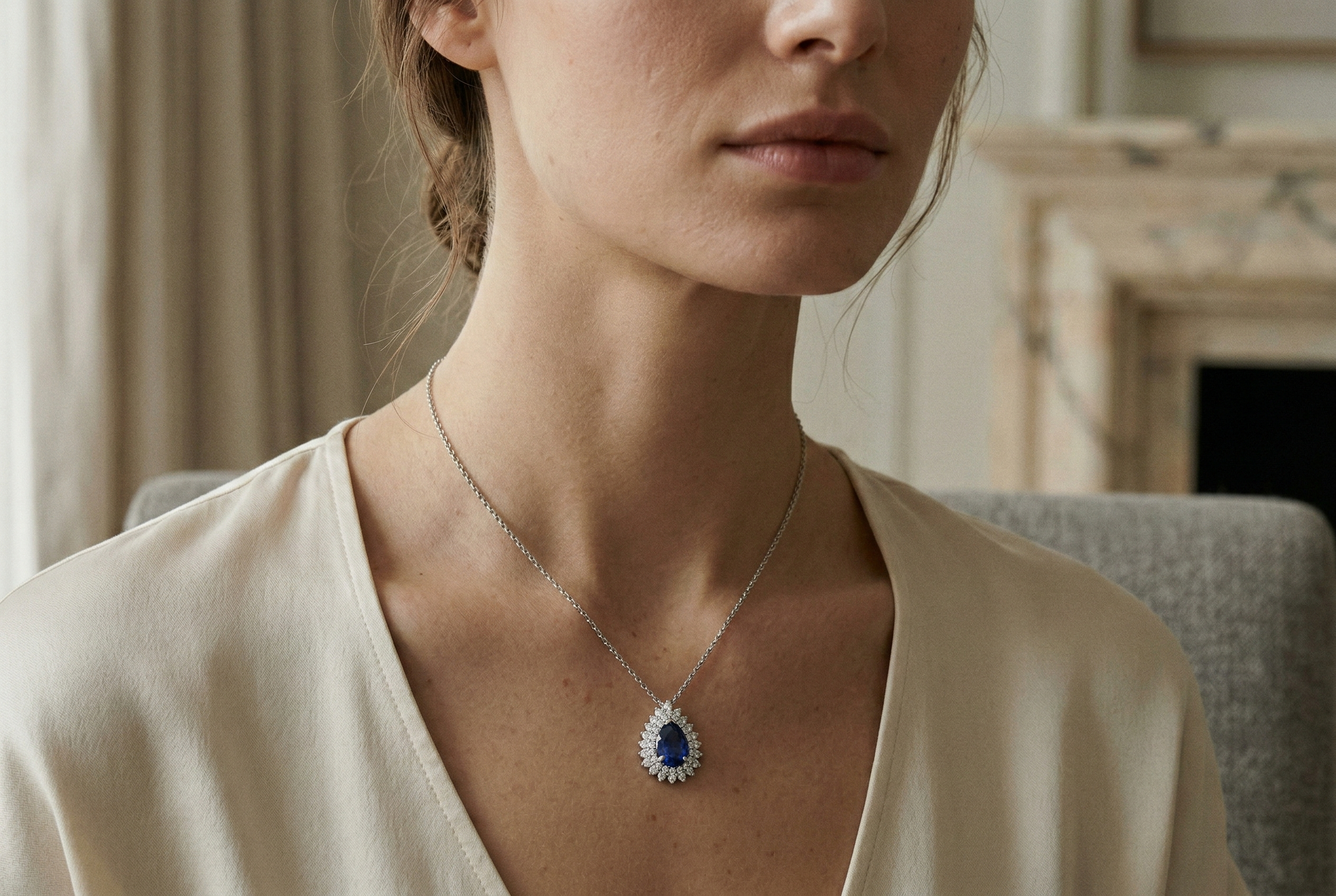 White Gold Necklace with Blue Teardrop Rosette and White Zircon, 14K Gold