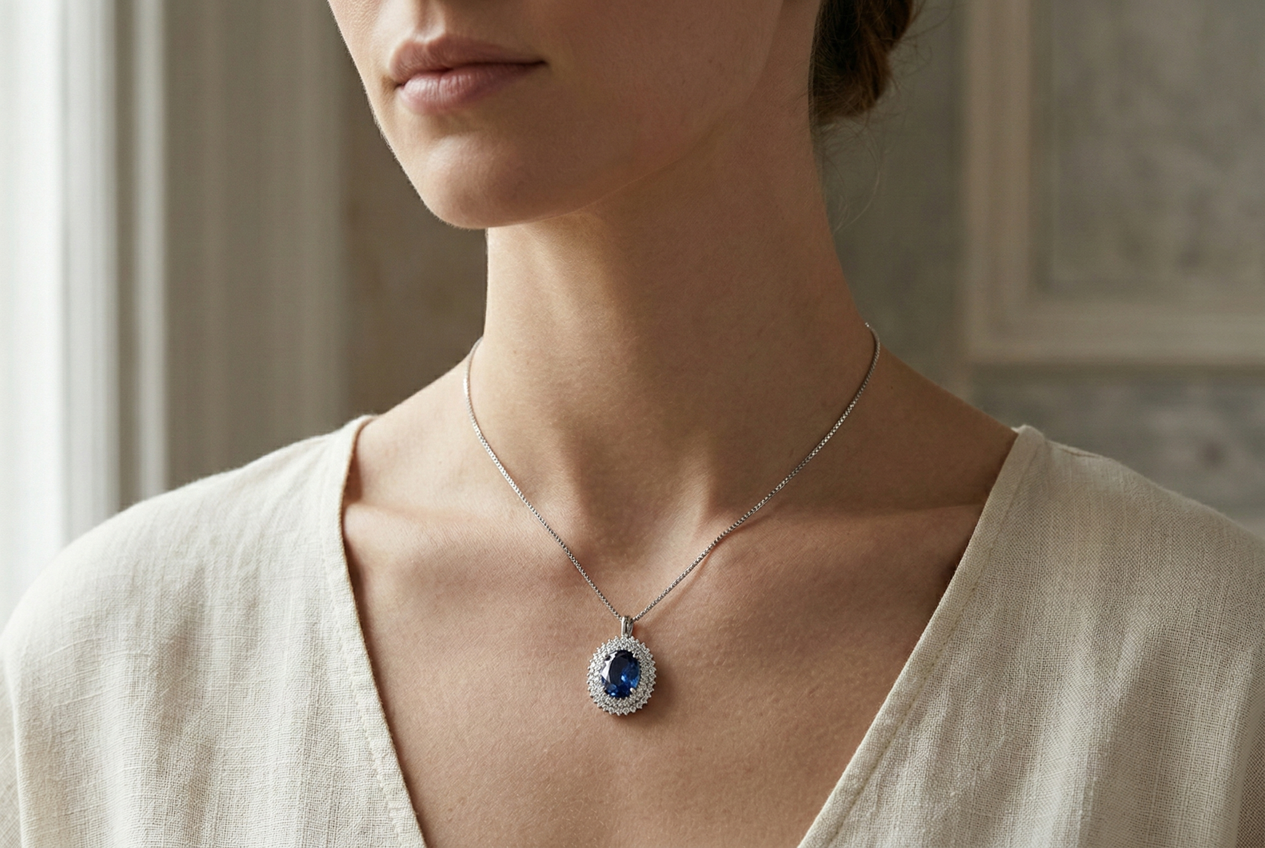 14K White Gold Necklace with Oval Light Blue Halo and Double Row of White Zircon Stones
