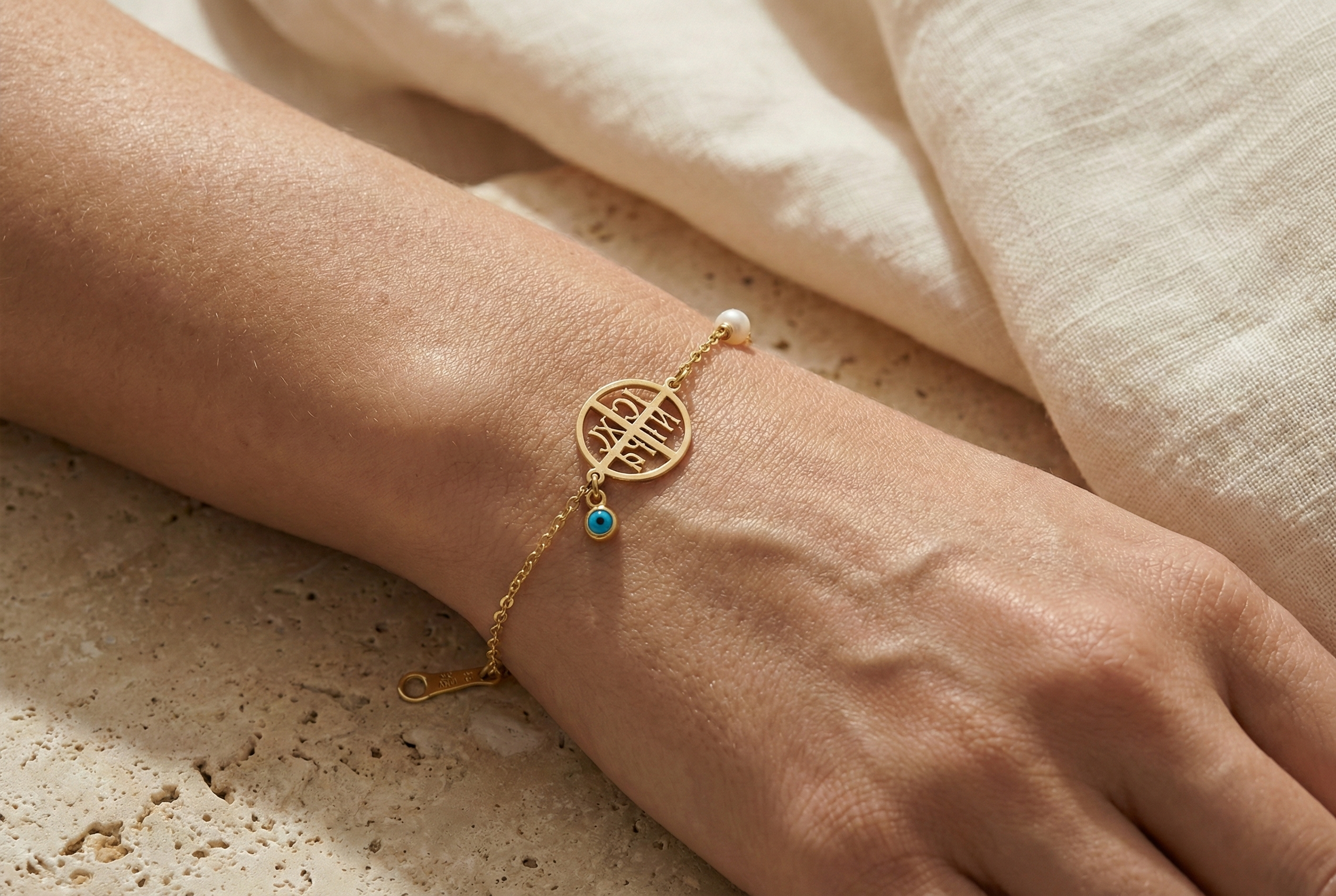 14K Gold Bracelet with Constantinato Coin, Pearl, and Turquoise Stone