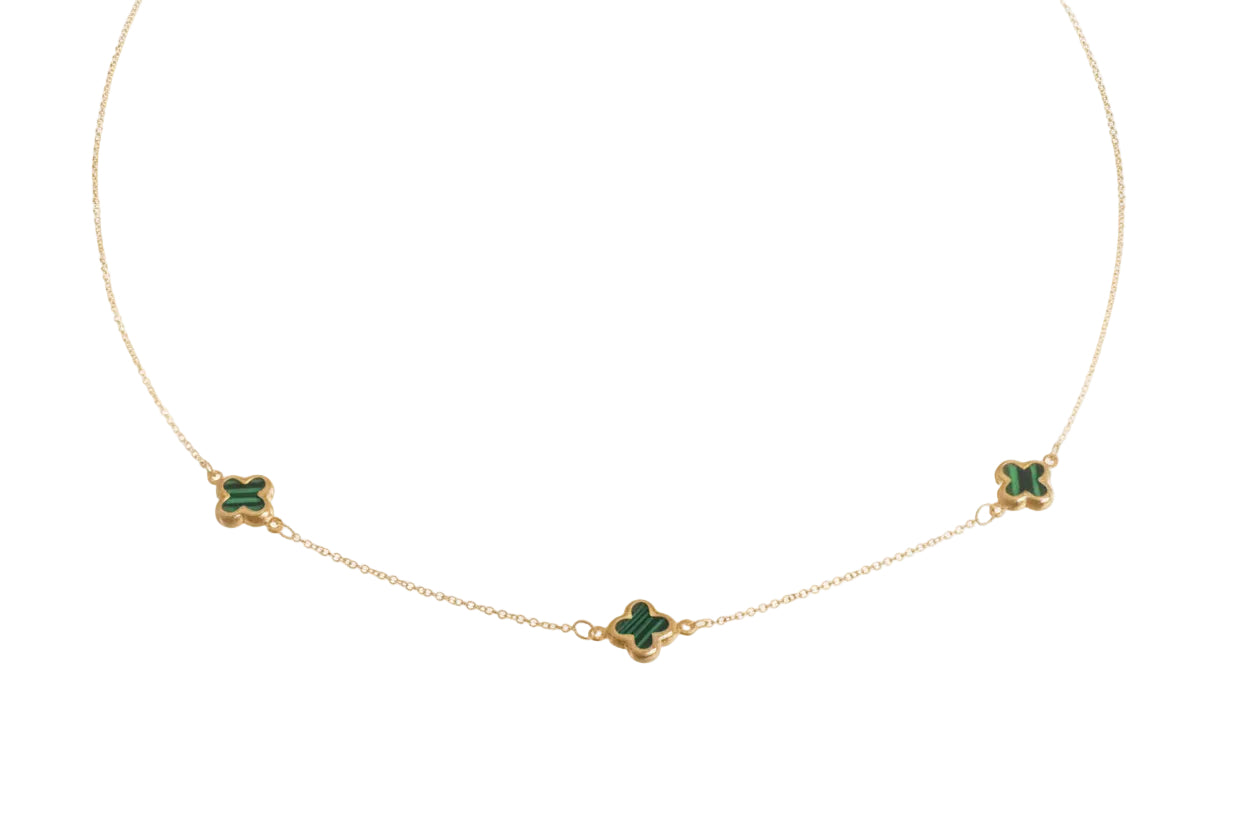 14K Gold Women’s Necklace with Three Elements Featuring Mother-of-Pearl and Malachite